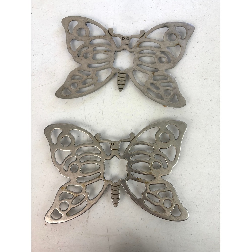 Vintage Metal Butterfly Trivets Silver Tone Openwork 10.5" Pair